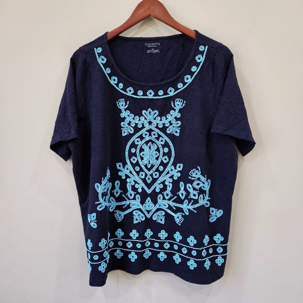 Talbots Womens Beaded Embellished T-Shirt Petite 2XP Navy Cotton Boho Festival